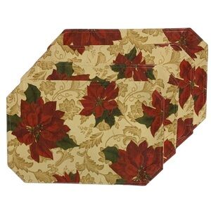 Holiday Fabric Placemats Printed Linen Christmas Poinsettia Reversible Set of 4